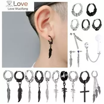 Серьги-кольца в стиле панк-винтаж в форме листьев для женщин и мужчин, ювелирные аксессуары, черные серьги-перья из нержавеющей стали Brincos