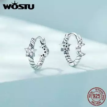 Серьги-кольца WOSTU из стерлингового серебра 925 пробы, модные серьги с полированной луной и звездой, устойчивые к потускнению 925 silver