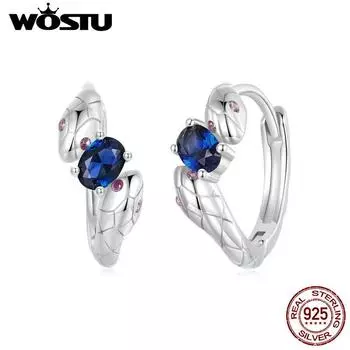 Серьги-кольца WOSTU из стерлингового серебра 925 пробы, винтажные пряжки для ушей с синим фианитом, ювелирные изделия для женщин, вечерние, повседневный подарок SCE1732