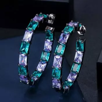 Серьги-кольца WWJ Princess Cut Mix Light Bule фиолетового цвета с кубическим цирконием для девочек золотой/чёрный