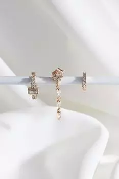 Серьги-кольца золотистого цвета с камнями багет из трех частей Vip Collection