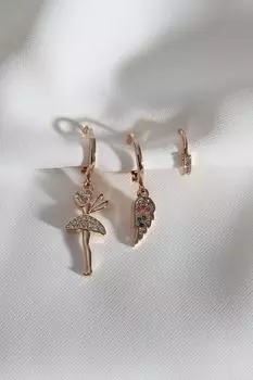 Серьги-кольца золотого цвета из трех частей с фигуркой ангела Vip Collection
