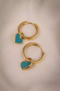 Серьги-кольца золотого цвета с синей эмалью в форме сердца