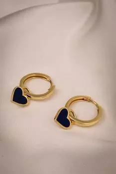 Серьги-кольца золотого цвета с подвеской в форме сердца темно-синего цвета с эмалью