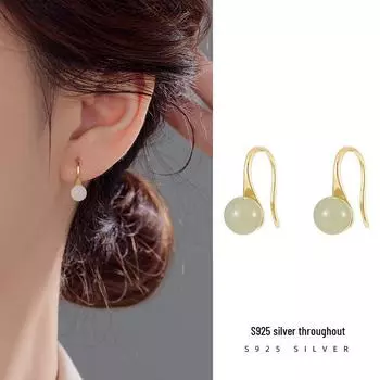 Серьги-крючки Banyan Tree S925 Silver Retro Hetian Jade: Тенденция женских китайских сережек в дворцовом стиле из белого нефрита ES2753 белый