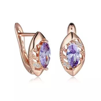 Серьги-крючки цвета розового золота огранки «маркиза» фиолетовые, розовые, синие, цвета морской волны, кристаллы с фианитами, висячие серьги с полыми листьями фиолетовый