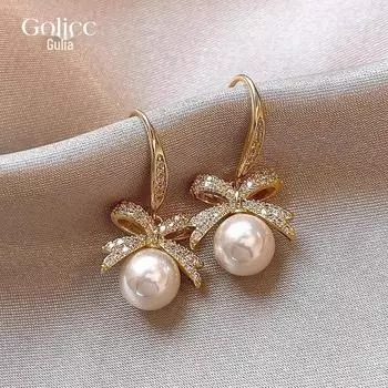 Серьги-крючки Guliya Bow Pearl: Роскошные, модные серьги 2023 года для женщин высокого класса золотой/белый