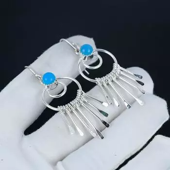 Серьги-крючки из драгоценных камней синего халцедона, серьги из стерлингового серебра 925 пробы, серьги-подвески из серебра ручной работы в стиле бохо, подарок на день святого Валентина 2.36 синий