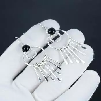 Серьги-крючки из натурального черного оникса, серьги из стерлингового серебра 925 пробы, серьги-подвески из серебра ручной работы в стиле бохо, подарок на день рождения 2.36 чёрный