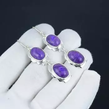 Серьги-крючки из натурального драгоценного камня чароит, серьги из стерлингового серебра 925 пробы, серьги-подвески из серебра ручной работы в стиле бохо, подарок на вечеринку 2.55 фиолетовый