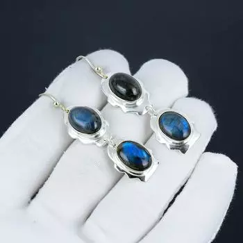 Серьги-крючки из натурального лабрадорита, серебряные серьги 925 пробы, серебряные украшения ручной работы в стиле бохо, висячие серьги, праздничный наряд в подарок 2.55 синий