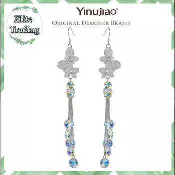 Серьги-крючки с бабочками из стерлингового серебра 925 пробы, австрийские кристаллы с кисточками-капельками, ручная работа earrings