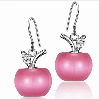 Серьги-крючки с камнем «Кошачий глаз», стереоскопическая подвеска «Яблоко», серебряная игла белый