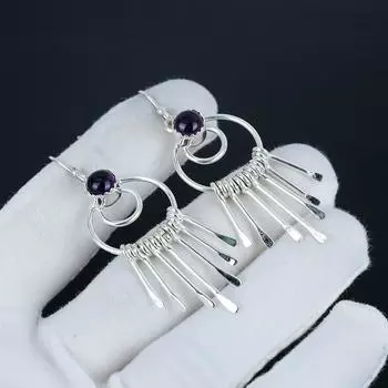 Серьги-крючки с натуральным аметистом, серьги из стерлингового серебра 925 пробы, серьги-подвески из серебра ручной работы в стиле бохо, подарок на вату 2.36 фиолетовый