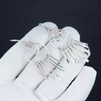 Серьги-крючки с натуральным розовым кварцем, серьги из стерлингового серебра 925 пробы, серьги-подвески из серебра ручной работы в стиле бохо, подарок на годовщину 2.36 розовый