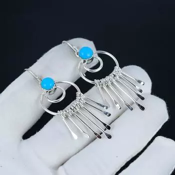 Серьги-крючки с натуральным розовым кварцем, серьги из стерлингового серебра 925 пробы, серьги-подвески из серебра ручной работы в стиле бохо, подарок на годовщину 2.36 синий