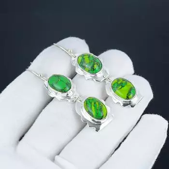 Серьги-крючки с зелеными бирюзовыми драгоценными камнями, серьги из стерлингового серебра 925 пробы, серьги-подвески из серебра ручной работы в стиле бохо, подарок на помолвку 2.55 зелёный