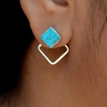 Серьги-куртки из стерлингового серебра 925 пробы с бирюзой, квадратные серьги спереди и сзади, минималистские серьги ручной работы бирюзовый