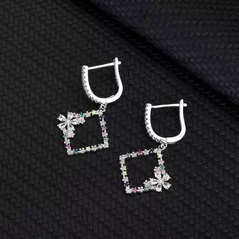 Серьги квадратные из стерлингового серебра S925 пробы, в европейском и американском стиле, легкие, роскошные серьги с цветными бриллиантами
