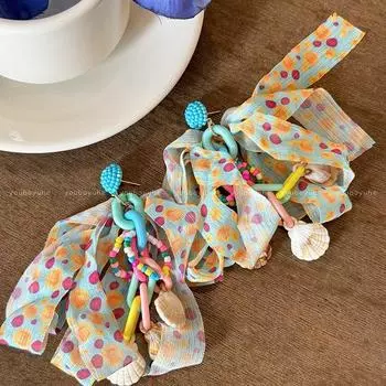 Серьги-ленты из бисера цвета дофамина, женские, преувеличенные, для личности, праздничный стиль, серьги-пусеты, весенне-летние, для фотосессии на морском побережье Color Bows beads earrings-Silver Needle