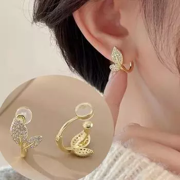 Серьги-листочки без пирсинга, женские роскошные нежные силиконовые серьги со стразами