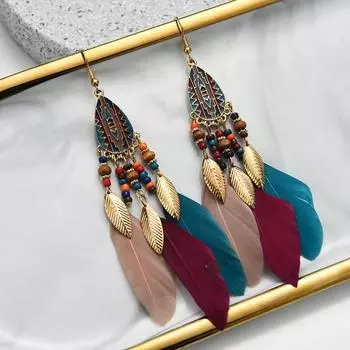 Серьги-листочки из металла в европейском, американском, этническом стиле, длинные, украшенные перьями бусины, геометрические серьги-гвоздики, висячие серьги-гвоздики красный