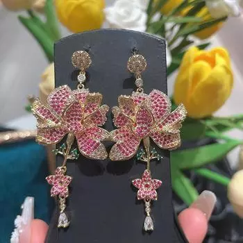 Серьги-лотосы, красные цветы, цветной циркон, тяжелая промышленность, легкие роскошные ювелирные изделия, персонализированный тренд красный
