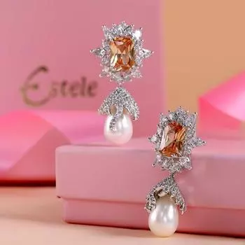 Серьги-люстры с камнями и цветочными каплями с кубическим цирконием и кристаллами