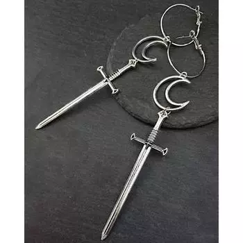 Серьги-мечи Foreign Trade Moon Bright Sword, готические, темные, полые, лунные, преувеличенные, подарок на Хэллоуин, сплав, независимая сумка серебряный