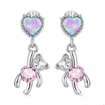 Серьги-медведи с опалом Love Bear, серьги в форме сердца для девочек, серебряные серьги S925 розовый
