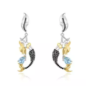 Серьги Mermaid Creative Design с небесно-голубым топазом из серебра 925 пробы с натуральными драгоценными камнями, изящные ювелирные украшения для женщин и девочек, подарок на вечеринку и романтический подарок M белый