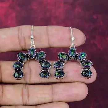 Серьги Mystic Topaz из цельного серебра 925 пробы, серьги с драгоценными камнями ручной работы, на День памяти 1.85 Inches