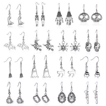 Серьги на Хэллоуин, простые ретро-серьги с черепом, летучей мышью и пауком, серьги в старом стиле, праздничные аксессуары A серебряный