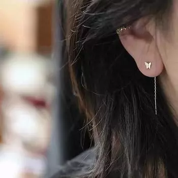 Серьги-нитки в виде бабочек из стерлингового серебра S925, женские, глянцевые, с кисточками, в форме U, антиаллергенные 925