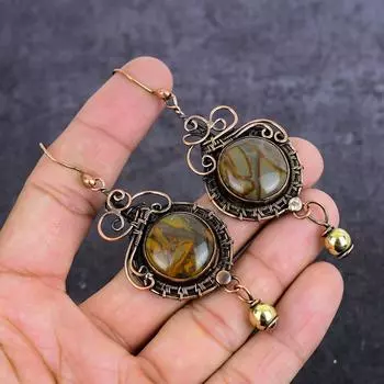 Серьги-обертки из натуральной фруктовой яшмы с медной проволокой 3,55 дюйма b0S92