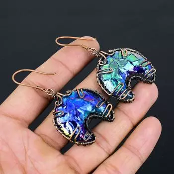 Серьги-обручи из медной проволоки ручной работы с натуральным титановым драгоценным камнем «Друзы» 2,56 дюйма S3t03