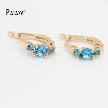 Серьги PATAYA из розового золота 585 пробы, три круглые серьги с натуральным синим цирконом, маленькие ювелирные изделия