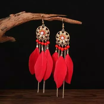 Серьги-перья в стиле бохо, этнические серьги-цепочки с бахромой премиум-класса, аксессуары для путешествий и фото для женщин красный