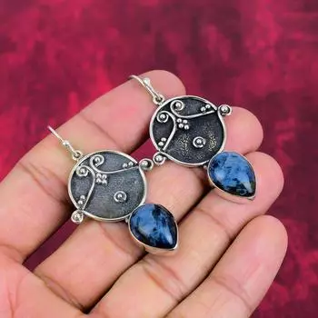 Серьги Pietersite, 925 пробы цельные серебряные ювелирные серьги, серьги ручной работы с драгоценными камнями на День памяти 2.24 Inches синий