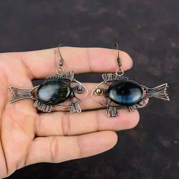 Серьги Pietersite, медная проволочная обернутая серьга, серьги ручной работы, медные украшения, уникальные серьги в форме рыб, настоящие серьги из драгоценных камней, подарки для женщин