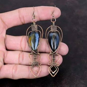 Серьги Pietersite, медные серьги с проволочной обмоткой, висячие серьги, медные украшения, серьги ручной работы с настоящим драгоценным камнем, абсолютно новые серьги в подарок маме