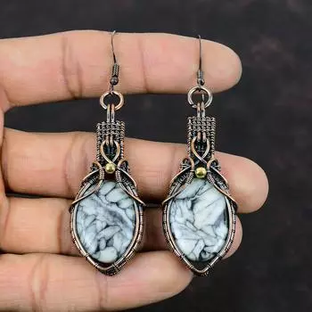 Серьги Pinolith Jasper, медная проволока, серьги с драгоценными камнями, медные украшения ручной работы, новые серьги Pinolith Jasper, ювелирные изделия, подарок для нее