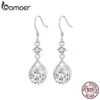 Серьги-подвески BAMOER из цельного белого золота и серебра 925 пробы, классические легкие серьги-капли с фианитами для женщин, ювелирные изделия 37*10mm серебряный