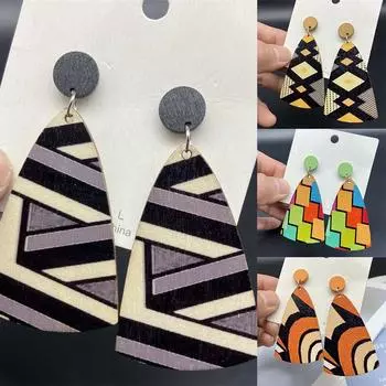 Серьги-подвески Деревянные красочные бохо-полосатые серьги преувеличенные 7.2*3.7cm чёрный