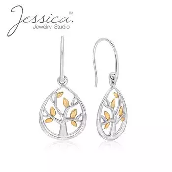 Серьги-подвески «Древо жизни» из настоящего стерлингового серебра с покрытием из желтого золота 14 карат