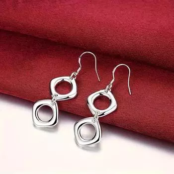 Серьги-подвески двойного квадрата серебристого цвета из сплава, аксессуары для женщин на каждый день и для вечеринок, идеальное украшение для подарка.