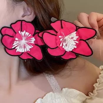 Серьги-подвески из цинкового сплава и ткани с цветочным узором, большие ювелирные аксессуары, серьги в форме цветка, подарок на день рождения розы красного