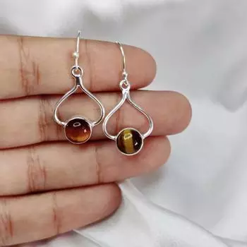 Серьги-подвески из натурального драгоценного камня с тигровым глазом из стерлингового серебра 925 пробы