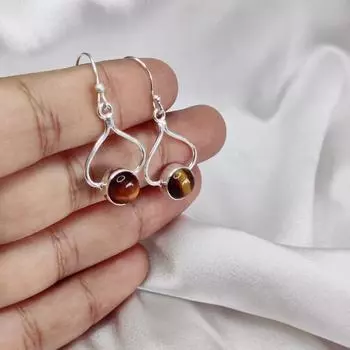 Серьги-подвески из натурального драгоценного камня с тигровым глазом из стерлингового серебра 925 пробы