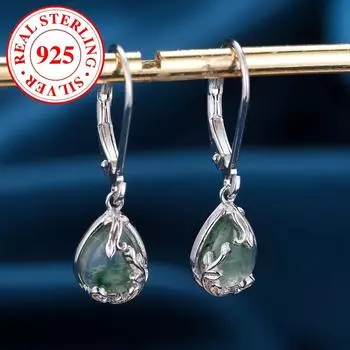 Серьги-подвески из натурального мохового агата для женщин, серебро 925 пробы, драгоценный камень в форме капли воды, элегантные ювелирные изделия, подарки на годовщину серебряный